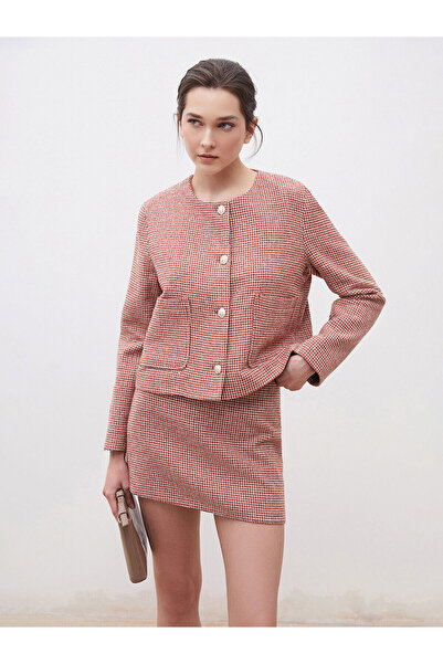 LC Waikiki Nevavm Oval Collar Plaid Women's Tweed Jacket with a Difference