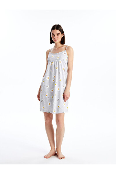 LC Waikiki Gray Crew Neck Floral Strap Women's Nightgown
