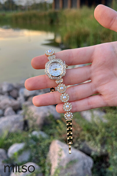 MİLSO Fransız Lüks Vintage İnci ve Zirkon Taş İşlemeli Çiçekli Kadın Kol Saat...