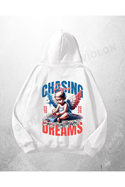 Violon Λευκό Unisex Chasing Dreams με τύπωμα oversized Φούτερ με κουκούλα