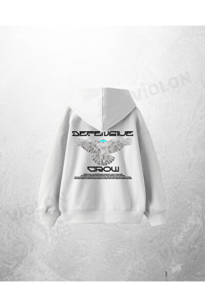 Violon Hanorac alb unisex Defective Crow cu imprimeu supradimensionat Swea tr...