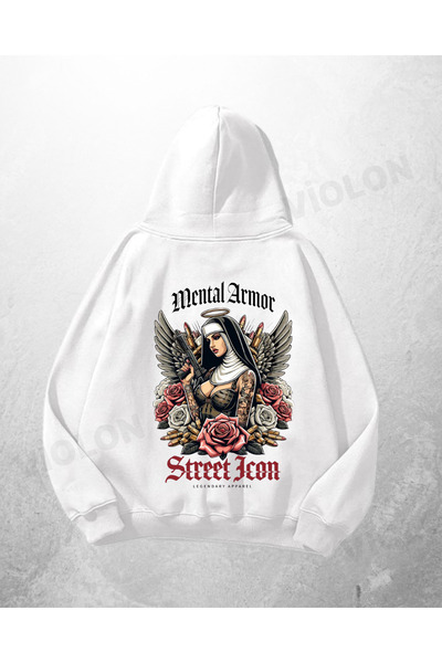 Violon Λευκό Unisex Mental Armor με τύπωμα oversized Φούτερ με κουκούλα