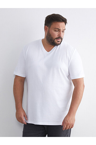 LC Waikiki Plus New Season Large Size V-Neck Combed Cotton Men's T-Shirt