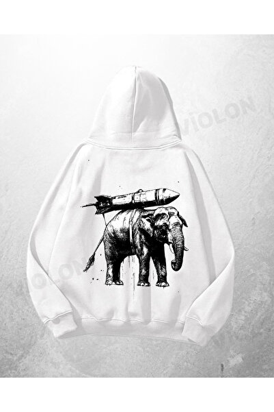 Violon Λευκό Unisex Elephant Missile με τύπωμα oversized Φούτερ με κουκούλα