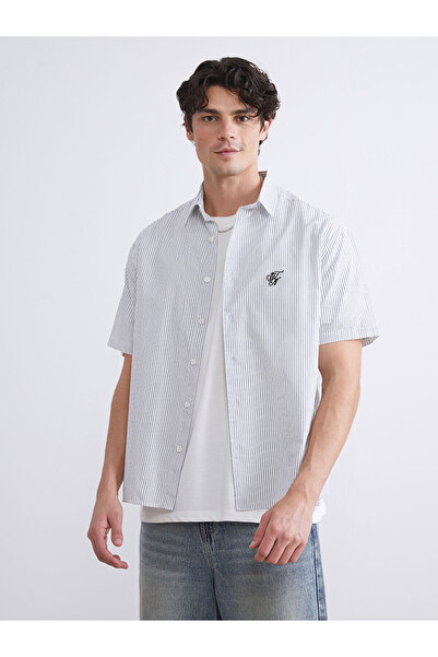 LC Waikiki Ανδρικό πουκάμισο XSIDES Μαύρο με κοντό μανίκι με ρίγες από ποπλίνα