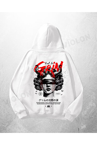 Violon Λευκό Unisex Grim με τύπωμα oversized Hoodie Sweatshirt