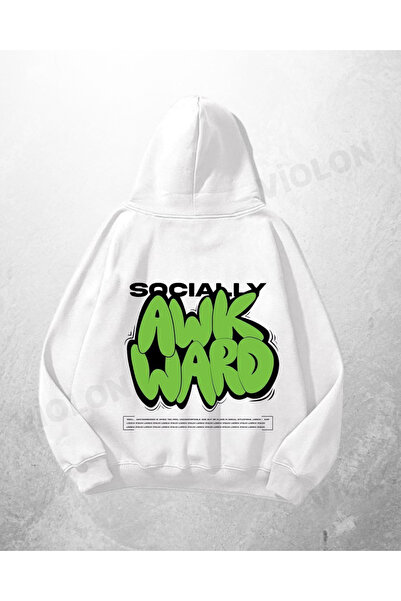 Violon Λευκό Unisex Socially Awkward με τύπωμα oversized Φούτερ με κουκούλα