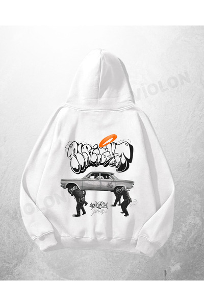 Violon Hanorac alb unisex Graffiti Car Halo cu imprimeu supradimensionat Swea...