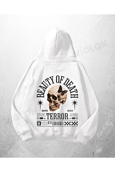Violon Hanorac alb unisex Beauty of Death cu imprimeu supradimensionat Swea t...