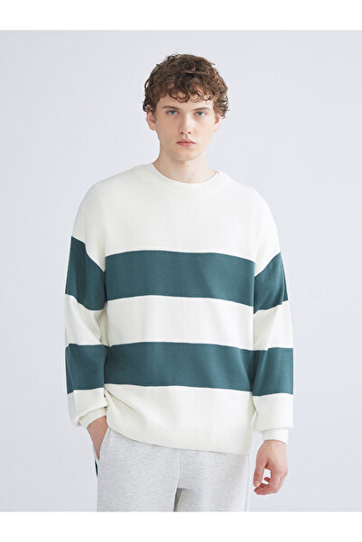 LC Waikiki Green Crew Neck Striped Men's Knitwear Sweater
