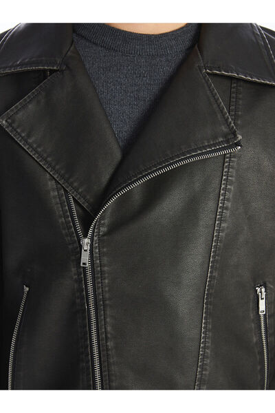 LC Waikiki Siyah Slim Fit Biker Yaka Erkek Deri Görünümlü Mont