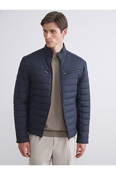 LC Waikiki Navy Blue Slim Fit Stand Collar Men's Leather Look Coat