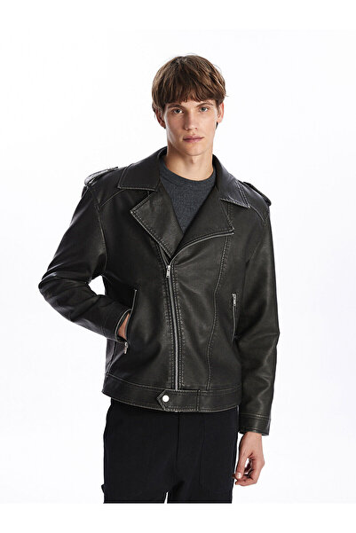 LC Waikiki Siyah Slim Fit Biker Yaka Erkek Deri Görünümlü Mont