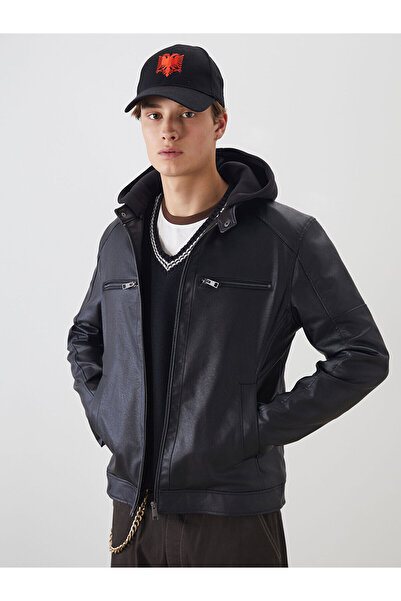 LC Waikiki Black Slim Fit Hooded Men's Leather Look Coat