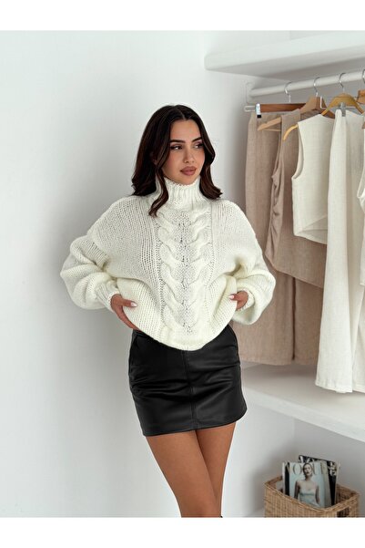 fiolin Yumoş Textured Knitted Patterned Stand Collar Knitwear Sweater