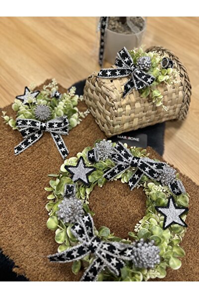 Marrone Damalı Simli Yıldızlı Set Kapı Süsü Paspas Kapı Sepeti 3'lü takım