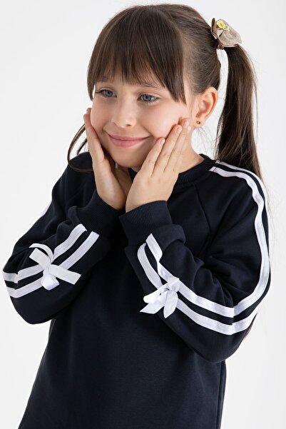 Cansın Mini Lacivert Fiyonk Detaylı Şeritli Kız Çocuk Bisiklet Yaka Eşofman Takımı 22732