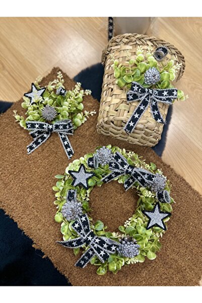 Marrone Damalı Simli Yıldızlı Set Kapı Süsü Paspas Kapı Sepeti 3'lü takım