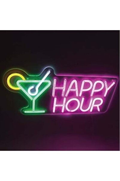 Jumbo Lampă LED Neon Roz Verde Alb și Galben „Happy Hour” Cocktail 43 x 21 cm