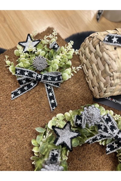 Marrone Damalı Simli Yıldızlı Set Kapı Süsü Paspas Kapı Sepeti 3'lü takım