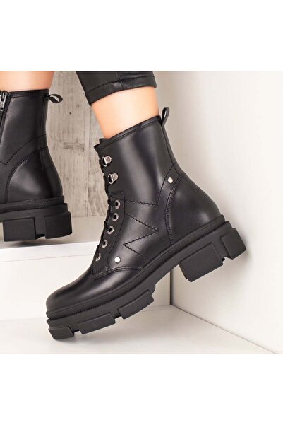 Modlet.ro Women's black leather lace-up and zipper boots MOD07571