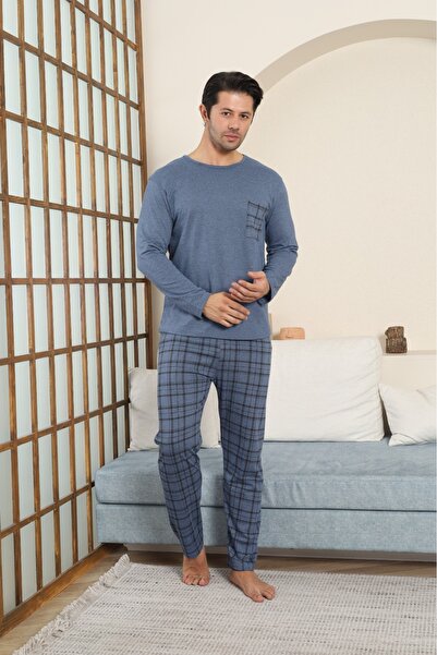 STELLAPİNK Erkek Penye Ekoseli Siyah Uzun Pijama Takımı