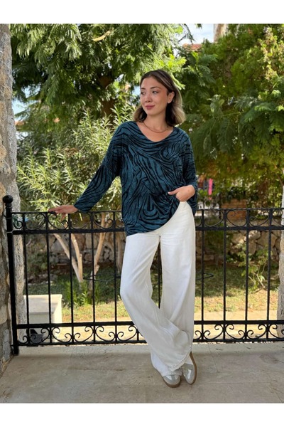 Punta Otantik Nc11285 Italian V-Neck Zebra Pattern Knitwear Blouse Petrol