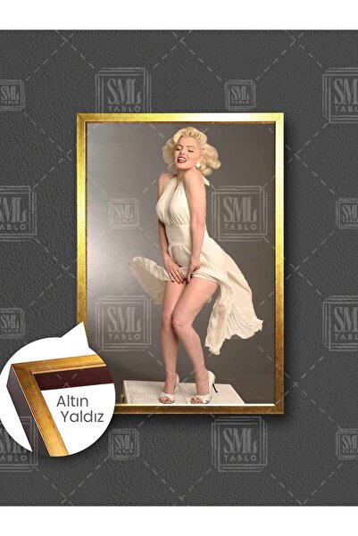 SML TABLO Uçuşan Etekli Beyaz Elbise Marilyn Monroe Efsane Sarışın Çerçeveli Dikey Kanvas Tablo