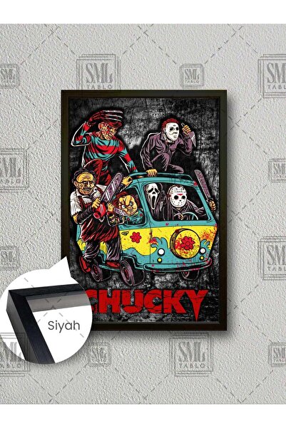 SML TABLO Korku Filmi Kötüler Chucky Freddy Çığlık Maskesi Çerçeveli Dikey Ka...