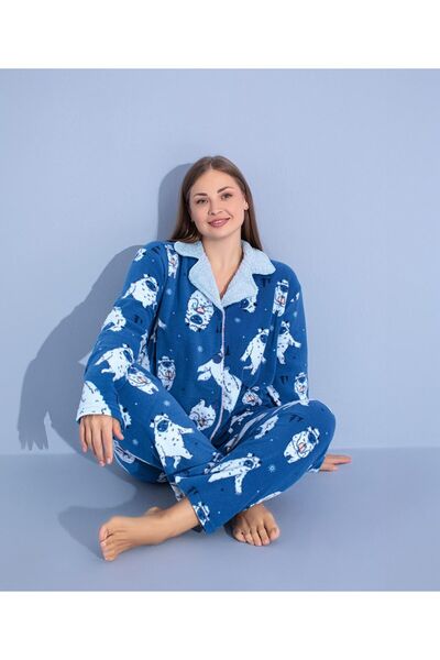 PİJAMOOD KADIN BATTAL BEDEN POLAR DÜĞMELİ PİJAMA TAKIMI