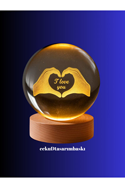 cekud tasarım baskı 3D Led Işıklı Kalpli Kristal Cam Küre Gece Lambası