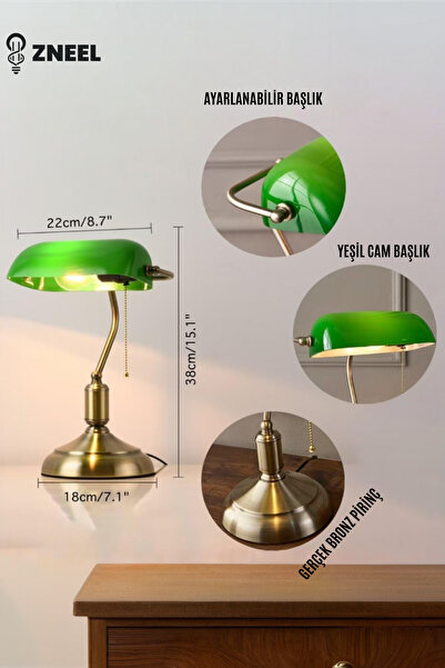 Genel Markalar Cam Başlıklı Gerçek Pirinç Gövdeli Bankers Masa Lambası – Dinamik Oynar Başlık, Sağlam Taban.