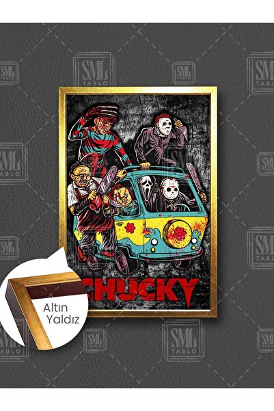 SML TABLO Korku Filmi Kötüler Chucky Freddy Çığlık Maskesi Çerçeveli Dikey Kanvas Tablo
