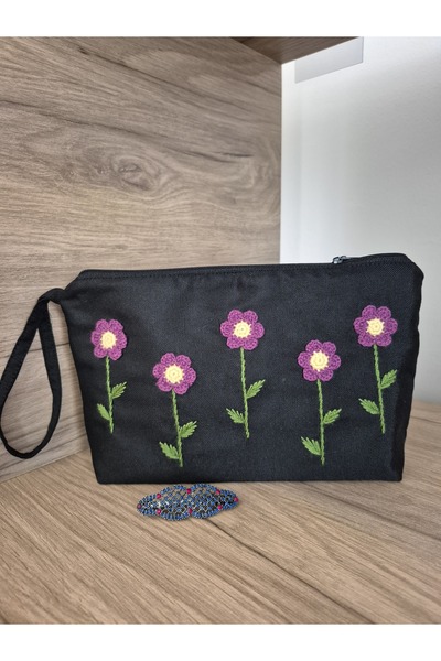 Handream Black Duck Fabric Purple Mesh Flowers (Makeup Bag/Handbag/)