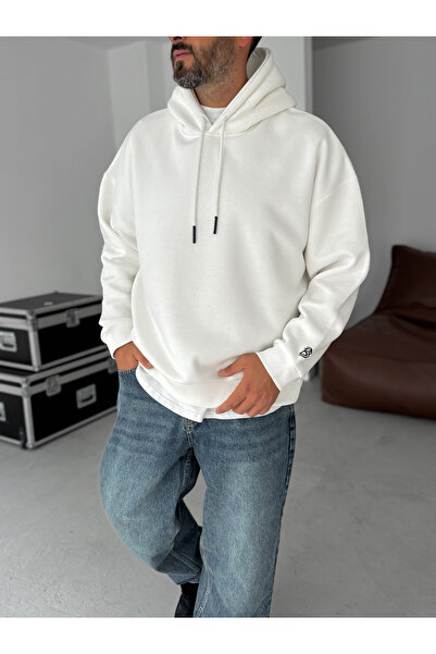 BYBASICMAN White Bb Embroidered Hooded Oversize Sweatshirt by
