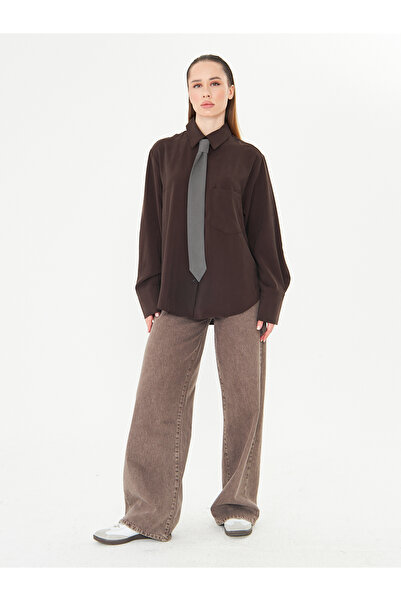 LA PANTE Women's Shirt Men's Collared Shirt with Tie Oversized Women's Shirt Loose Brown Buttoned