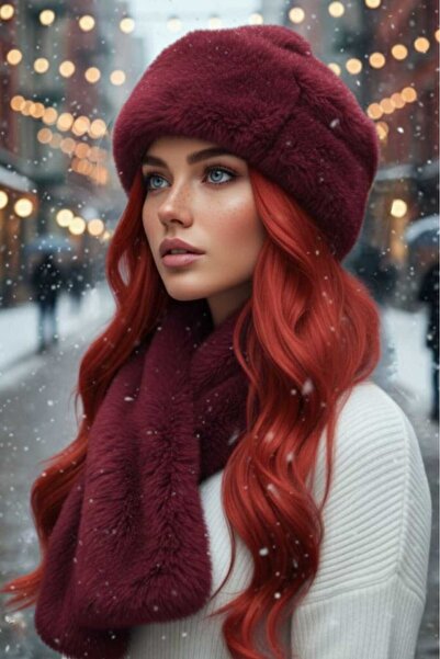 Trenderrs طقم قبعة وشال شتوي نباتي من الفرو الصناعي للنساء