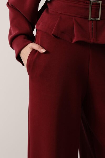 VAGGON Kadın Bordo Çift Cepli Beli Lastikli Palazzo Pantolon Vs01260
