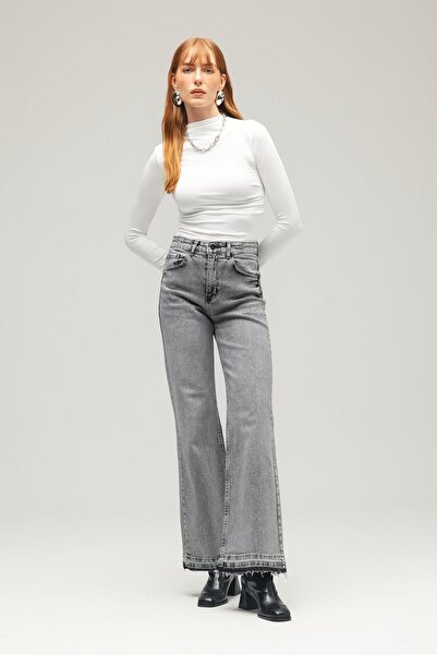 Saade Gri Kadın Yüksek Bel Wide Leg Jean Pantolon - Paça Detaylı