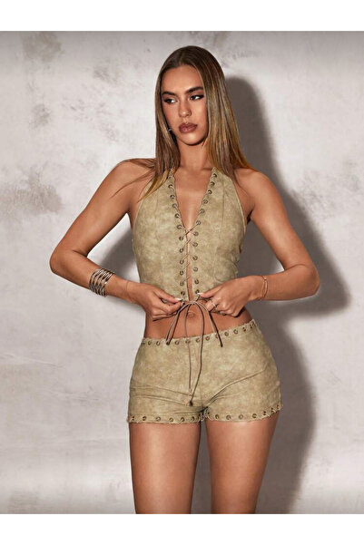 La Saade Sahara Touch Set-Y2K Lace-Up Crop Blouse and Stitching Detail Mini S...