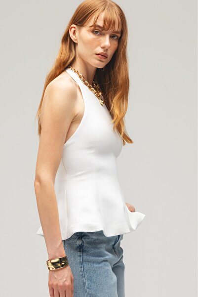 Saade Λευκή γυναικεία μπλούζα με λαιμόκοψη με φερμουάρ στο πλάι