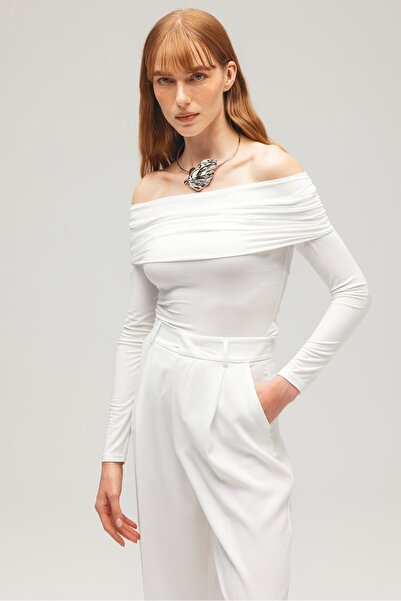 Saade Bluză albă pentru femei, cu guler Carmen, cu mâneci lungi, tricotată - ...