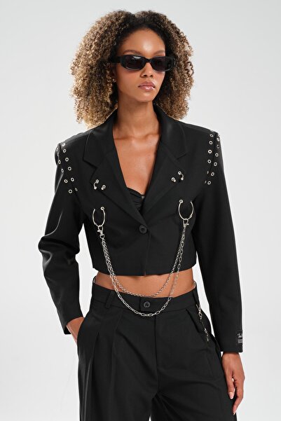 tw3 Jachetă blazer cu design detaliat cu lanț cu ochiuri pentru femei