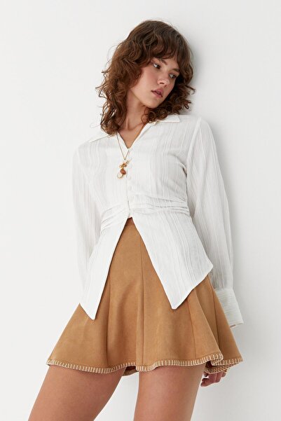 MARKALİSTE Embroidery Detailed Suede Skirt Beige