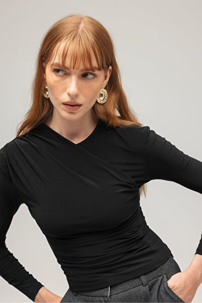 Saade Black Women's Asymmetrical Drape Detailed Long Sleeve Knitted Blouse