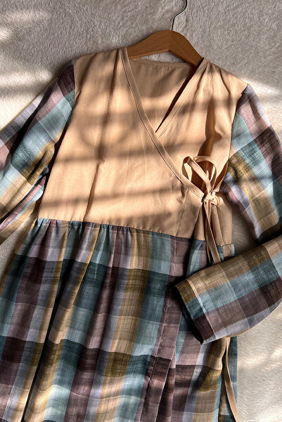 Masnu Çocuk Kız Çocuk Krem Kahverengi Mavi Kareli Pamuklu Müslin Namaz Elbisesi