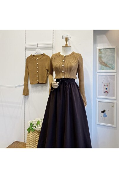 Faya Boutique İnci Düğmeli Camel İspanyol Kol Hırka