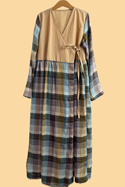 Masnu Çocuk Kız Çocuk Krem Kahverengi Mavi Kareli Pamuklu Müslin Namaz Elbisesi