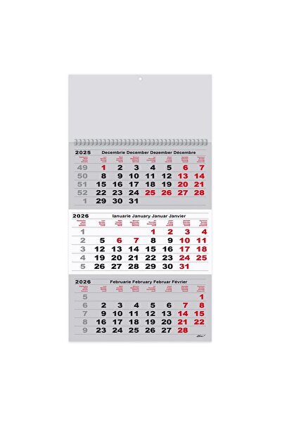 Libra Calendar Triptych A3 2026, 12 Glossy Paper Sheets, Gray and Red