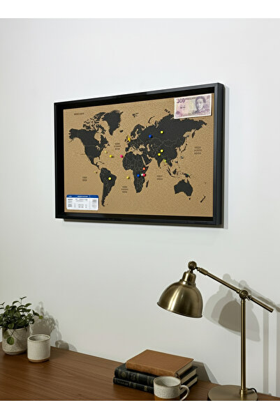 MapofX Mantar Dünya Haritası – 46x30 cm, Siyah Çerçeveli + 30 Pin Hediye
